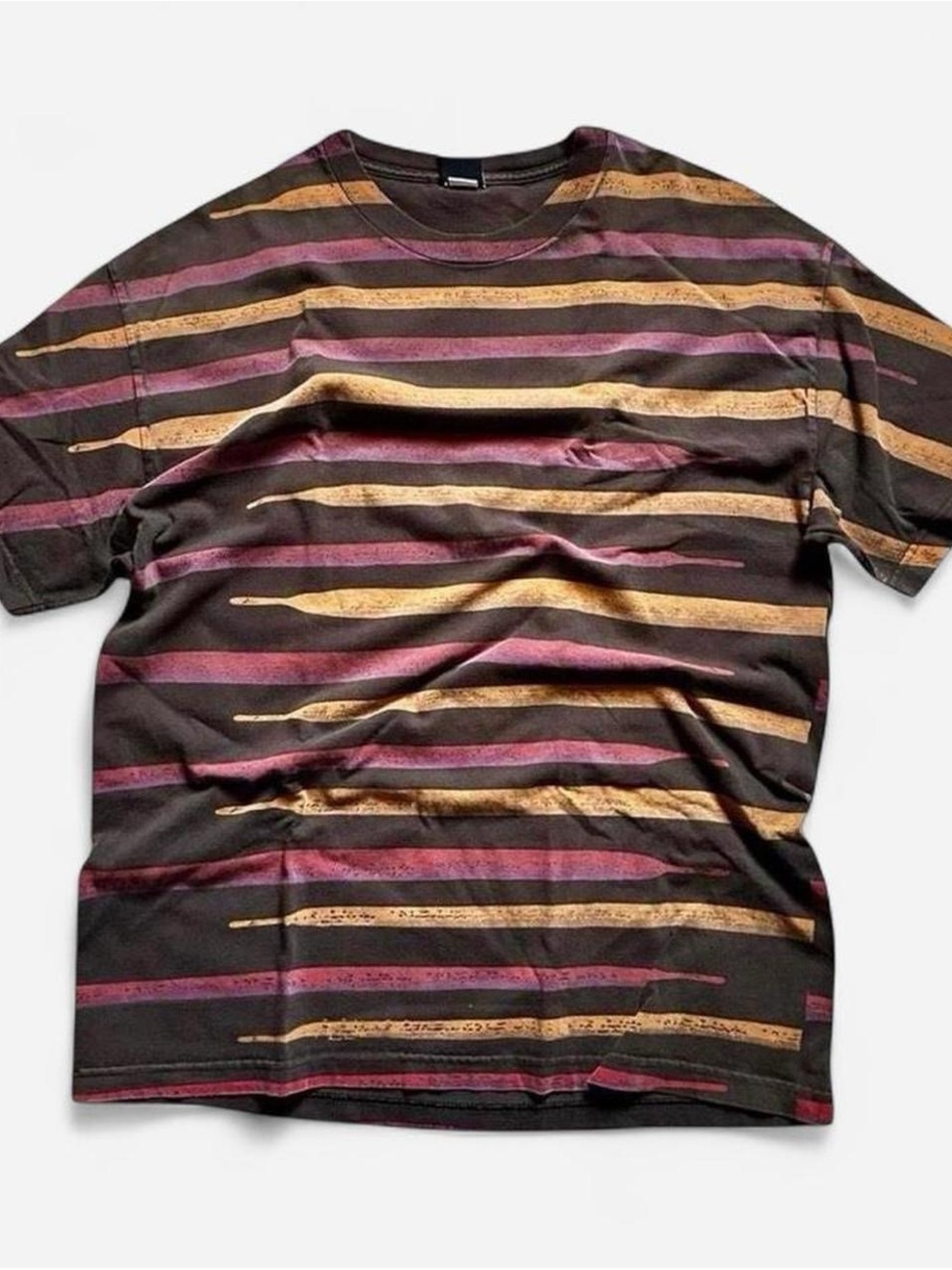 Vintage Lakai skateStriped  T-Shirt in Black with Maroon & Mustard Stripes XL